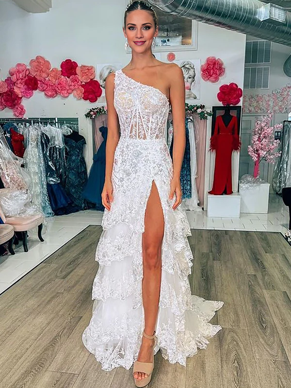 omberprom Sheath Evening Dress One Shoulder Tiered Lace Long Prom Dress