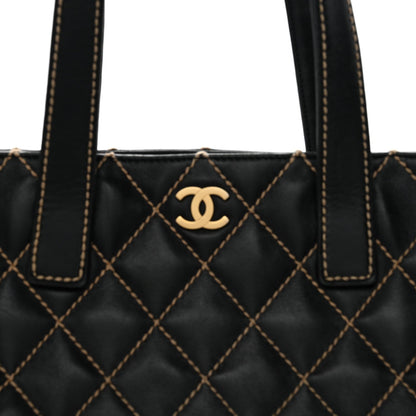 Calfskin Contrast Stitch Surpique Tote Black