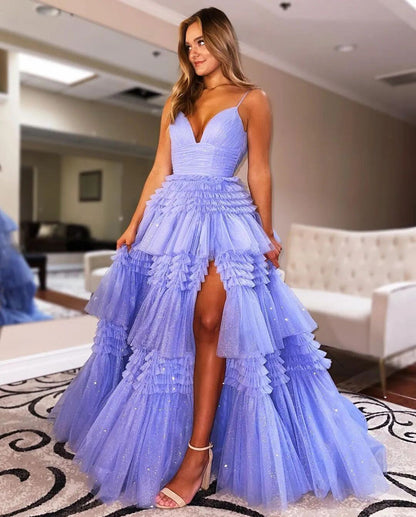 Spaghetti Straps V-Neck Layers Formal Party Prom Dresses