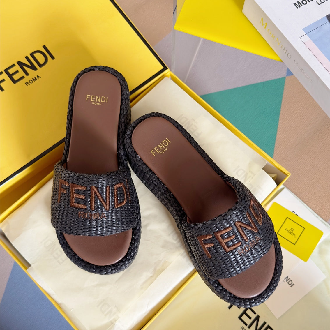 FF Sunshine 65 Chocolate Cotton Brown Leather Fibre Flatform Slide