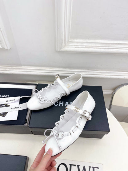 CC 26 SS Ruffled Bow Mary Jane Flats White Calfskin 586929