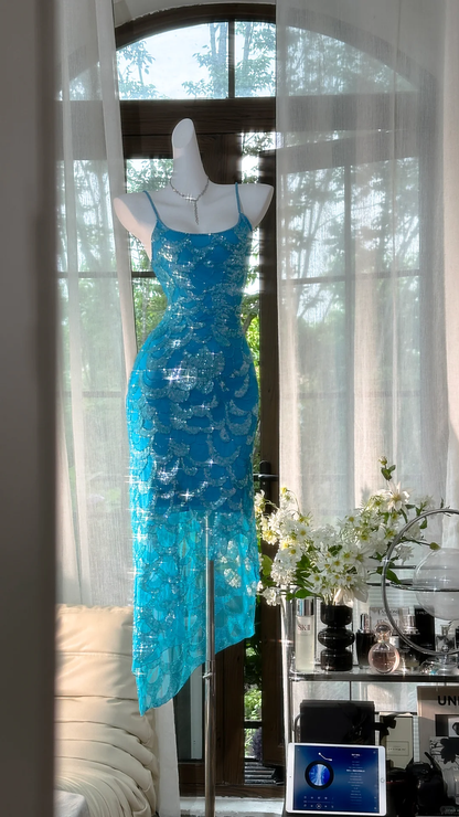 Vintage Blue Mermaid Sparkling Long Chiffon Spaghetti Strap Romantic Ball Gown Evening Dress Prom Dresses TP3962