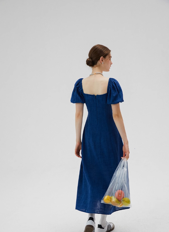 Blue French dress puff sleeves skirt retro style small square collar tea break long dress female summer R3456