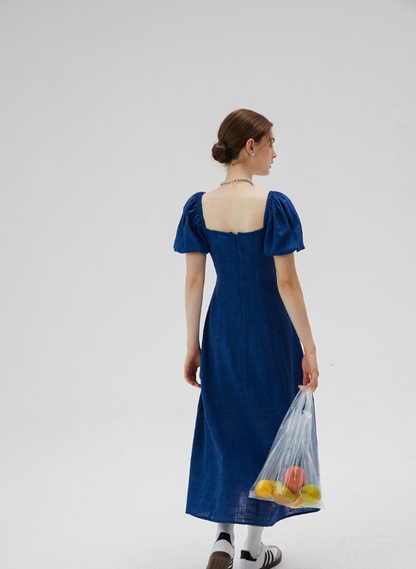 Blue French dress puff sleeves skirt retro style small square collar tea break long dress female summer R3456