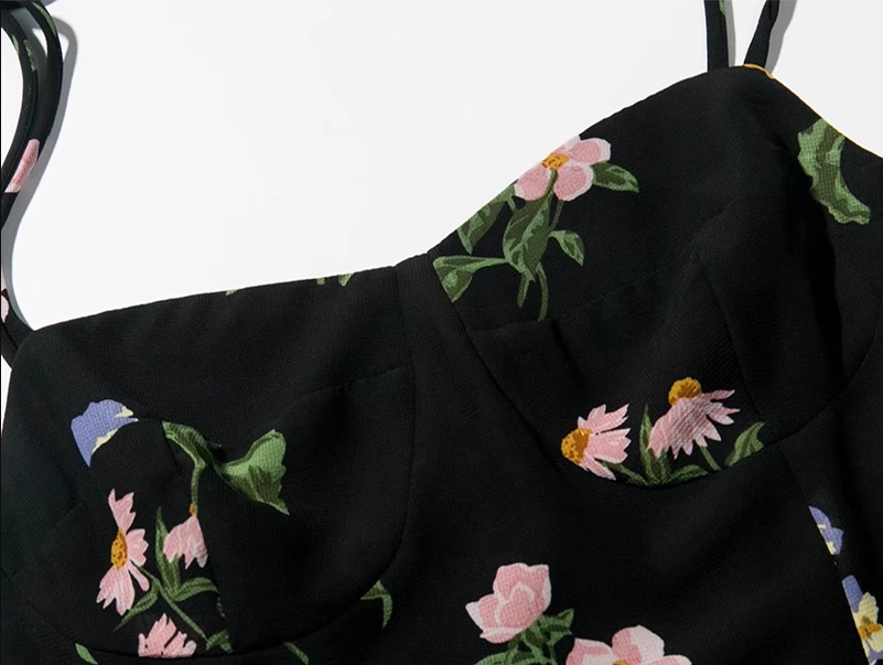 2025 summer new retro black floral waist slim sexy suspender dress R0917