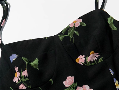 2025 summer new retro black floral waist slim sexy suspender dress R0917
