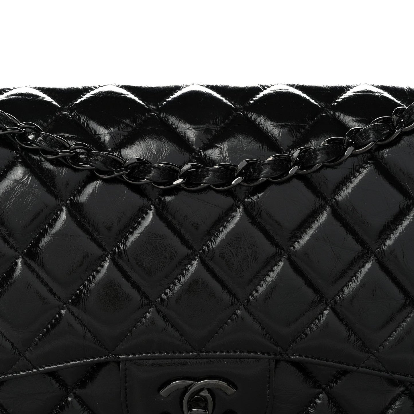 Shiny Distressed Calfskin Quilted Jumbo Double Flap So Black