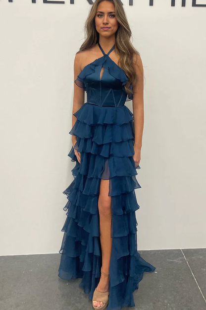 omberprom Elegant Evening Dress Halter Keyhole Ruffle Tiered Prom Dress with Slit
