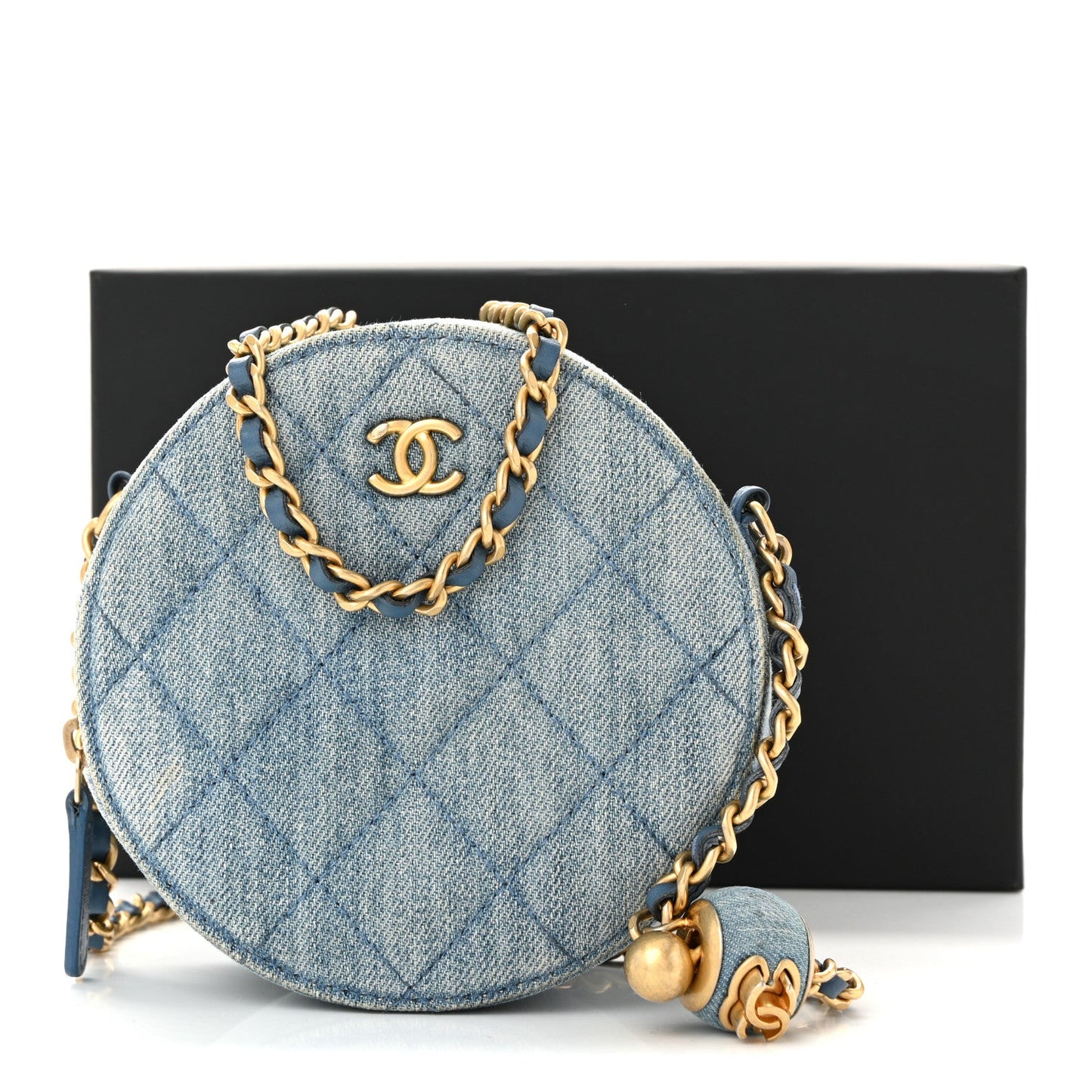 Denim Quilted Round Pearl Crush Clutch With Chain Blue