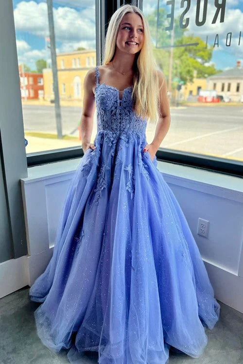 omberprom A-Line Evening Dress Spaghetti Strap Tulle Lace Prom Dress with Pockets