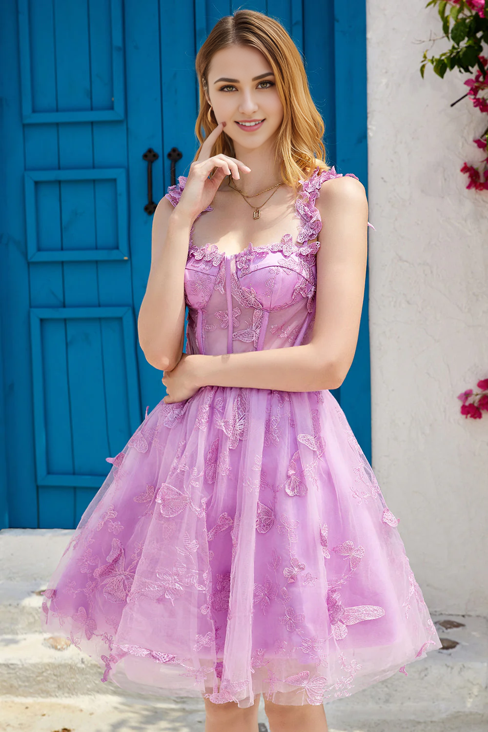 omberprom Cute A Line Graduation Dresses Corset Short Purple Homecoming Dress with Appliques