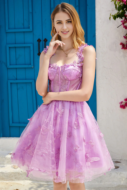 omberprom Cute A Line Graduation Dresses Corset Short Purple Homecoming Dress with Appliques