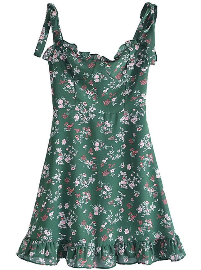 2025 Summer New Retro Green Floral Fungus Small A-line Suspender Dress R0926