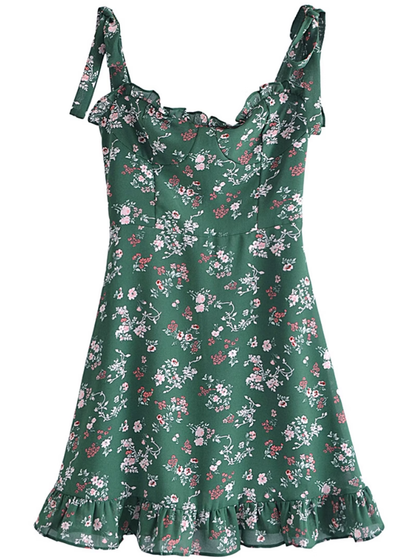 2025 Summer New Retro Green Floral Fungus Small A-line Suspender Dress R0926