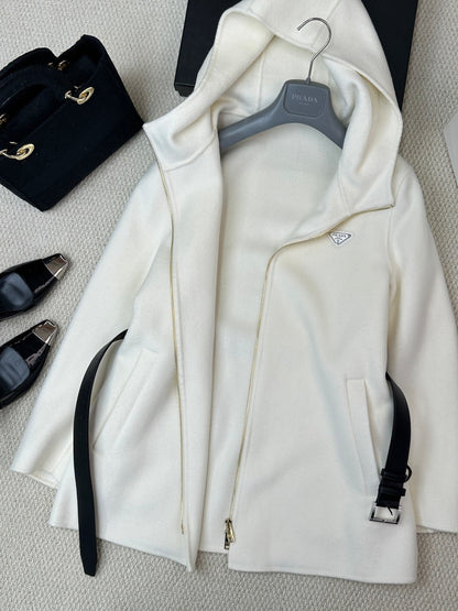 Prada 25 Mid-length Hooded Coat White Black Wool 637352