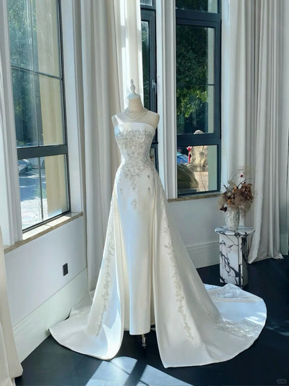 Elegant White Mermaid Strapless Beaded Satin Wedding Dress with Train P4083