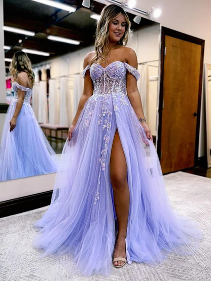 omberprom A Line Evening Dress Off the Shoulder Lace Tulle Prom Dress With Slit
