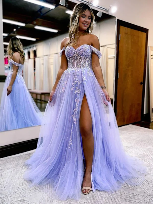 omberprom A Line Evening Dress Off the Shoulder Lace Tulle Prom Dress With Slit
