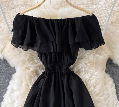 Bali resort beach slim long skirt sexy off-shoulder one-shoulder ruffled chiffon dress R0326