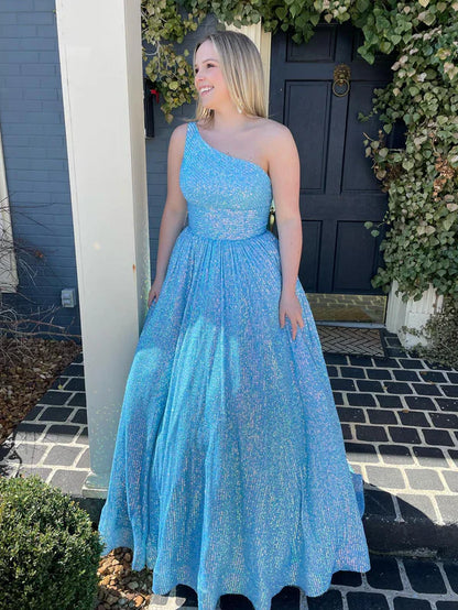 omberprom A-Line One Shoulder Evening Dress Sequins Prom Dress with Pockets
