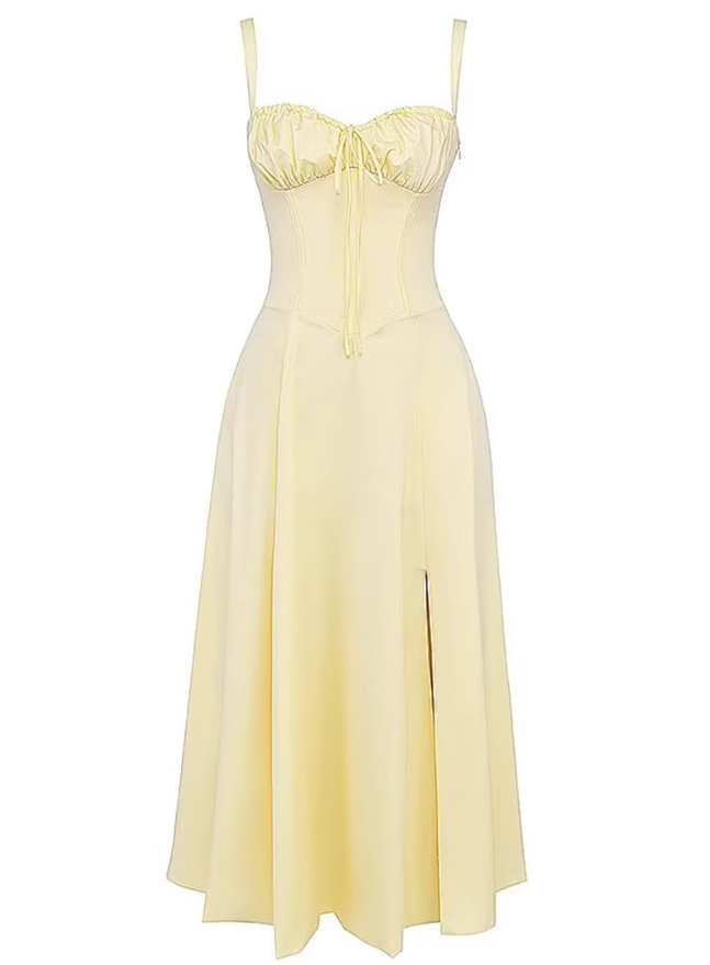 2025 Summer New Yellow Slit Sexy Waist Drawstring Holiday Suspender Dress R0938