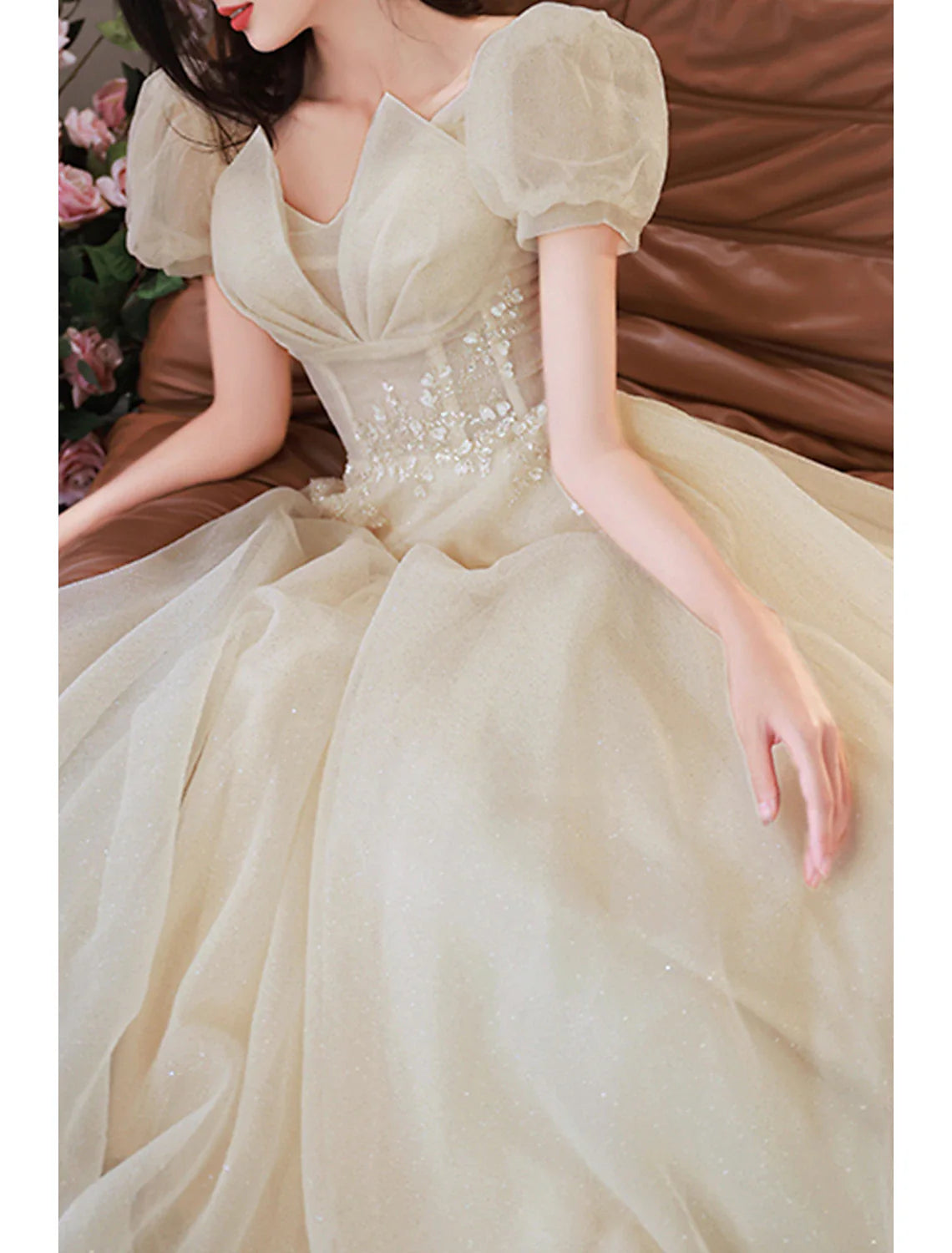 omberprom A-Line Prom Dresses Gowns Evening Dresses Valentine's Day Wedding Guest Floor Length Short Sleeve V Neck Tulle with Sequin