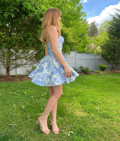 Blue printed tube top waist skirt homecoming dress R3695