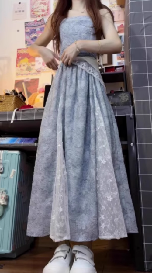 Blue lace tube top dress 2025 new beautiful waist a-line long skirt R0675