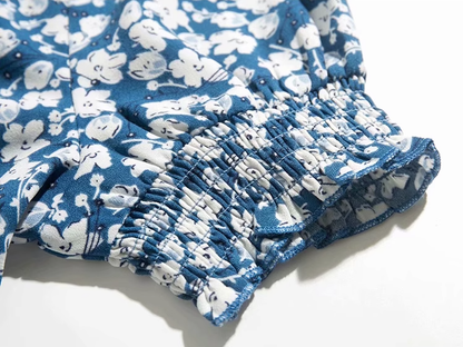 2025 Summer New French Square Neck Blue Temperament Floral Holiday Platycodon Dress R0945