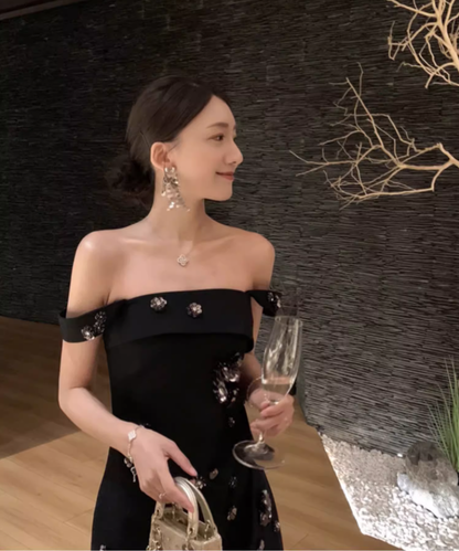 Birthday dress high-end party small dress high-end luxury niche heavy one-shoulder black dress R1772