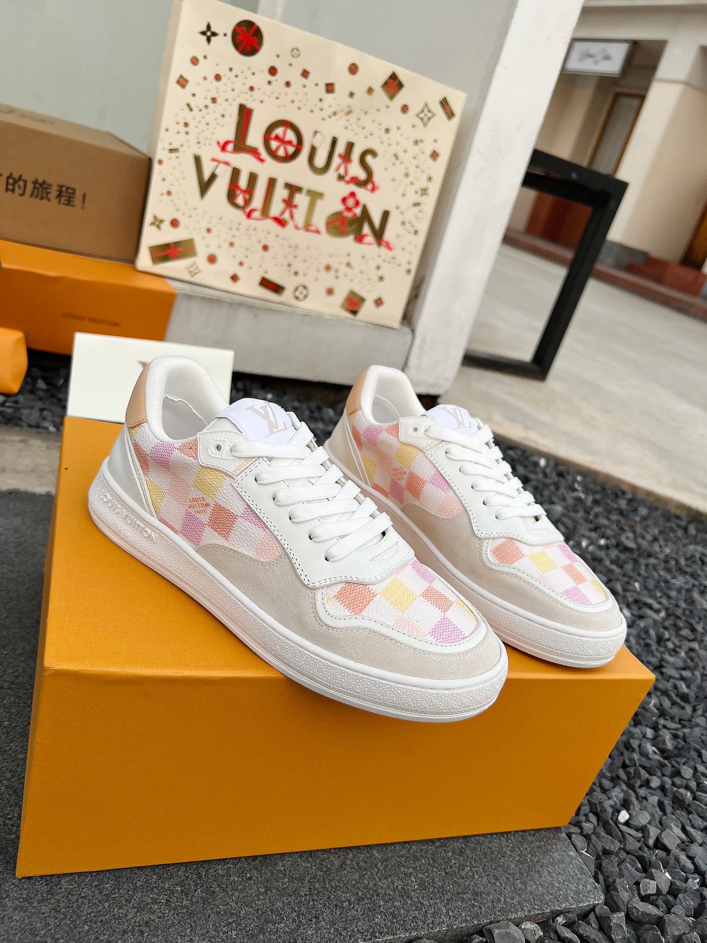 LV Groovy Sneaker White Pink Yellow Damier Canvas Suede 597684