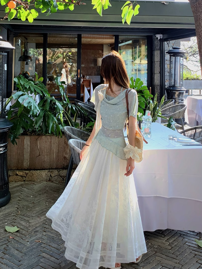 Fairy fake two-piece irregular halter neck short-sleeved T-shirt complete skirt suit R1757