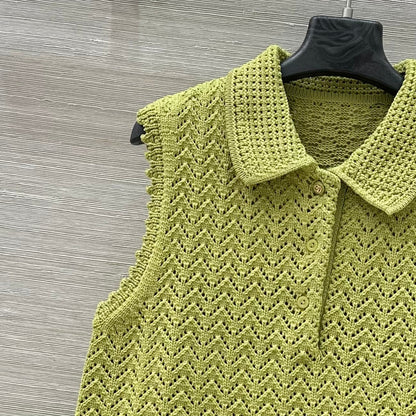 Gucci 25 Hollow Knitted Polo Vest Dress Avocado Green Polyester Fiber