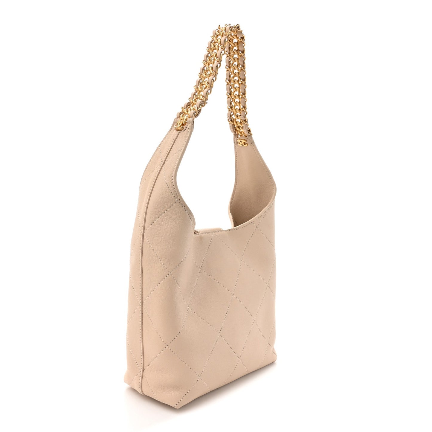 Shiny Lambskin Quilted Small Hobo Beige