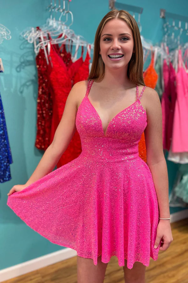 omberprom Fashion A-Line Graduation Dresses Double Straps Sequins Homecoming Dress