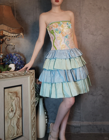 Retro Colorful Strapless Floral Design A-line Short Tiered Homecoming Dress TP4020