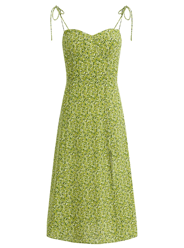 2025 Summer New Green Platycodon Floral Seaside Vacation Wear Suspender Dress R0902
