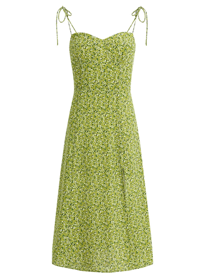 2025 Summer New Green Platycodon Floral Seaside Vacation Wear Suspender Dress R0902