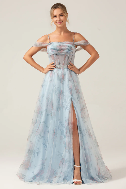 omberprom Blue Flower A-Line Prom Dresses Spaghetti Straps Corset Long Prom Dress With Slit