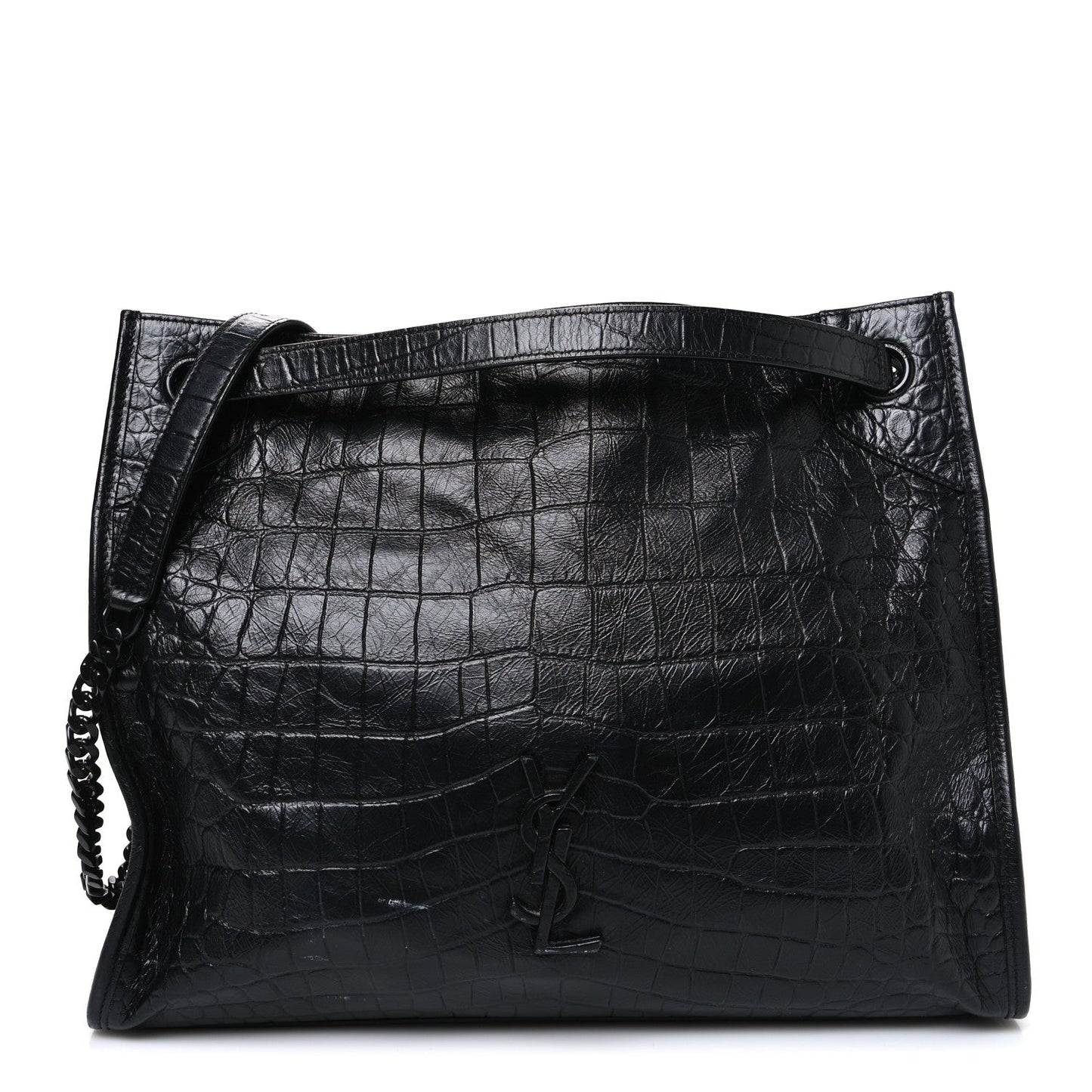 Calfskin Crocodile Embossed Monogram Medium Niki Shopping Bag Black