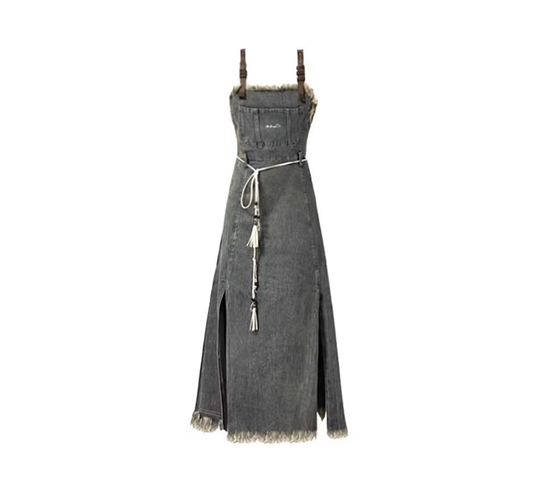 Fashion brand retro college style raw edge denim mid-length overalls all-match suspender dress R0072