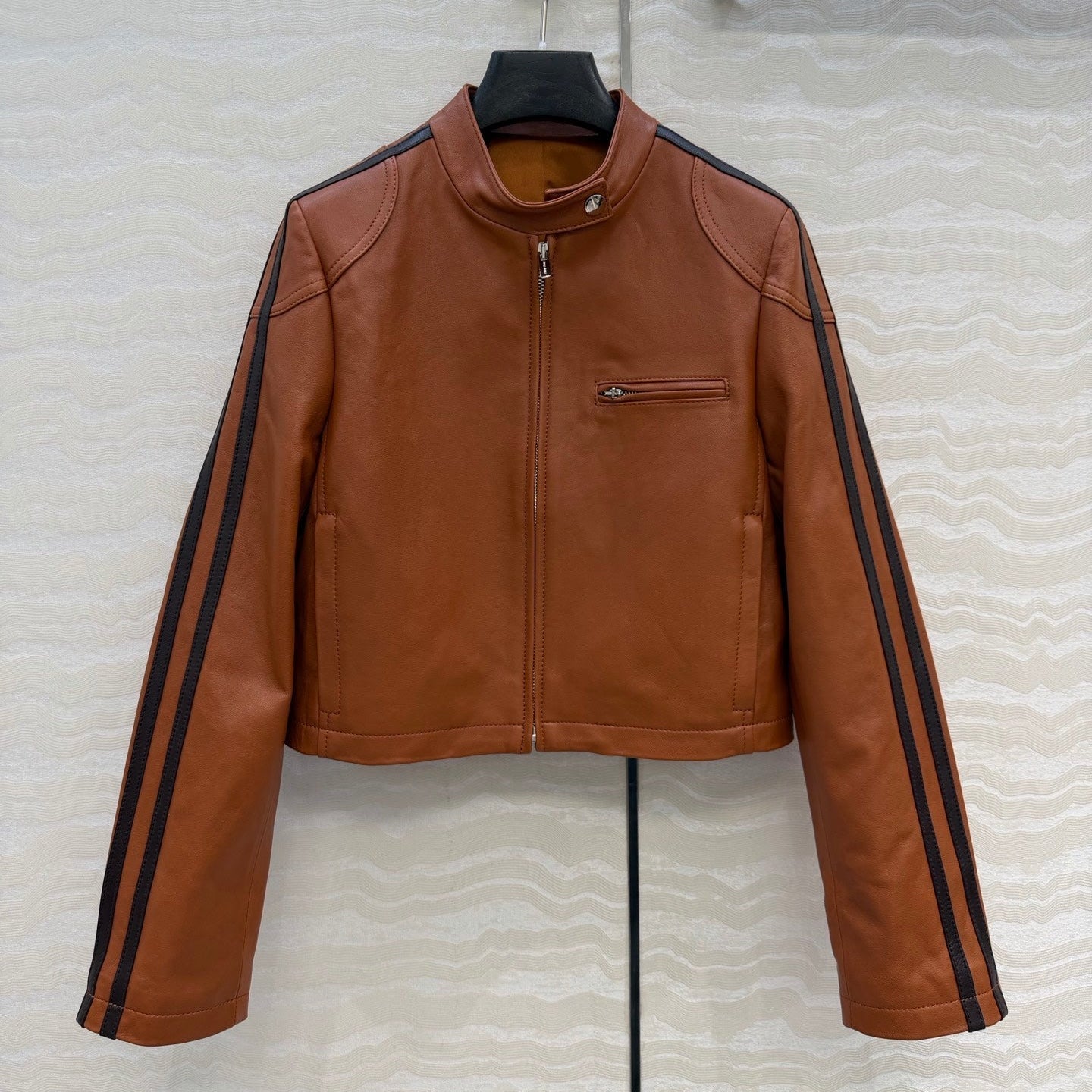 Miu SS26 Nappa Leather Jacket Stripes Brandy Lambskin 351105
