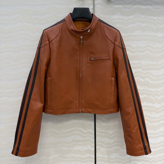 Miu SS26 Nappa Leather Jacket Stripes Brandy Lambskin 351105