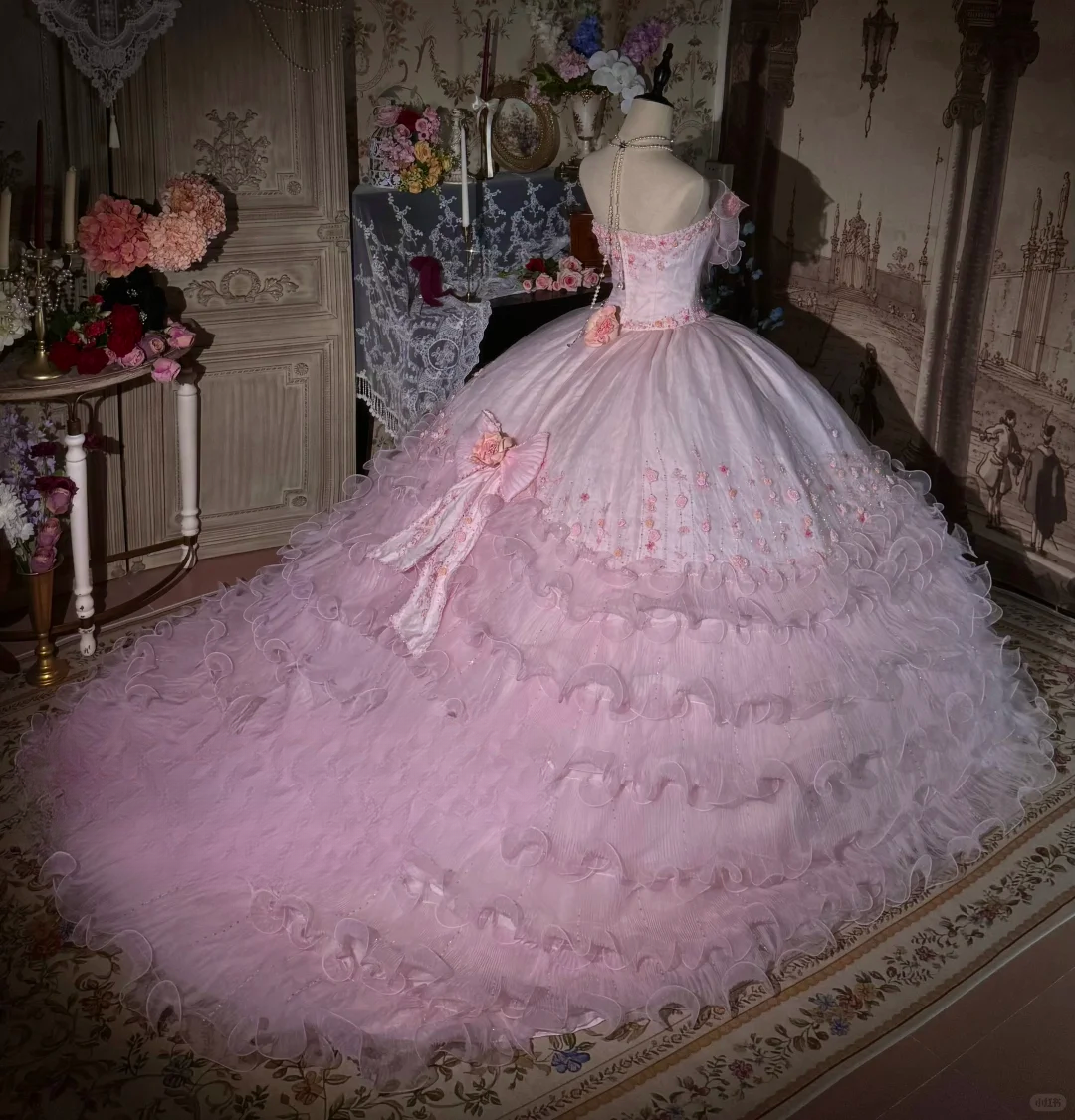 Vintage-Inspired Pink Floral Embellished Tulle Ball Gown Strapless Ruffled Quinceañera Formal Dress TP5116