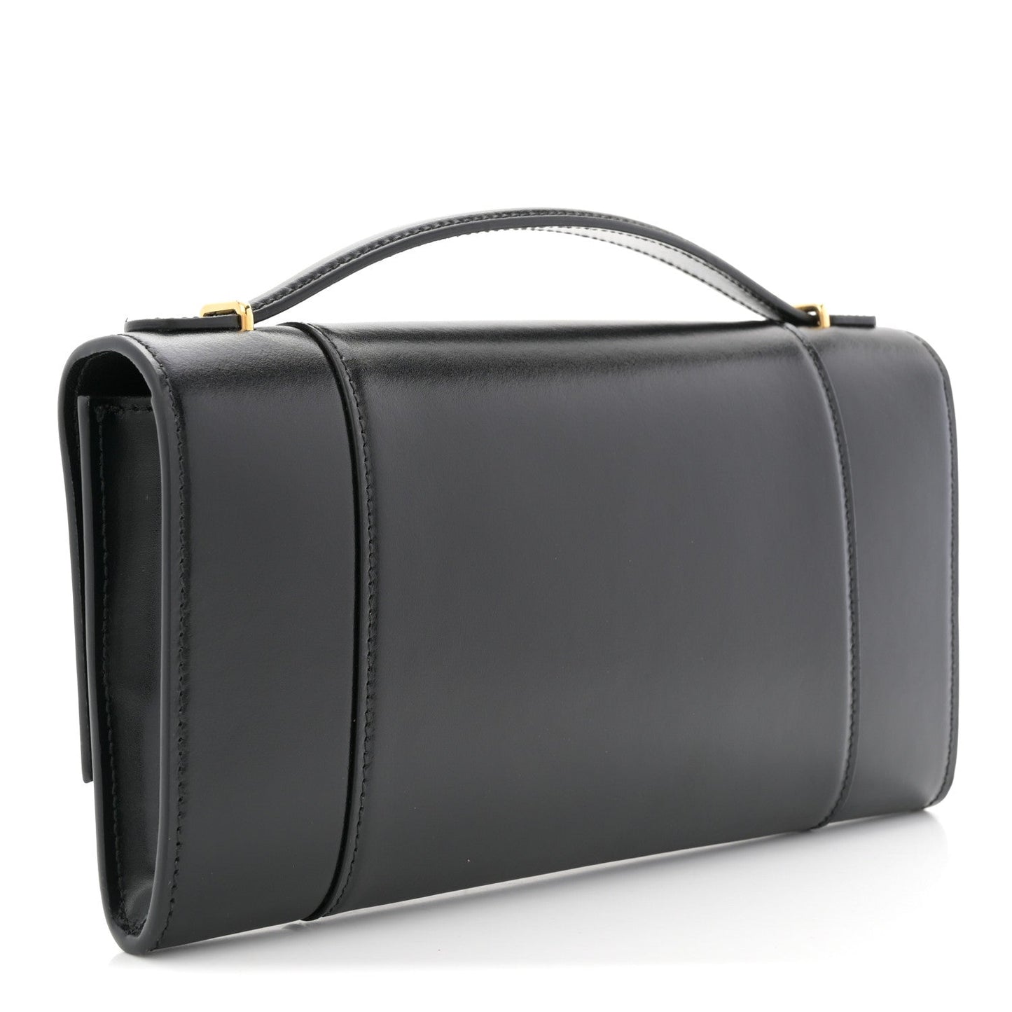Shiny Calfskin Top Handle Hourglass Clutch Black