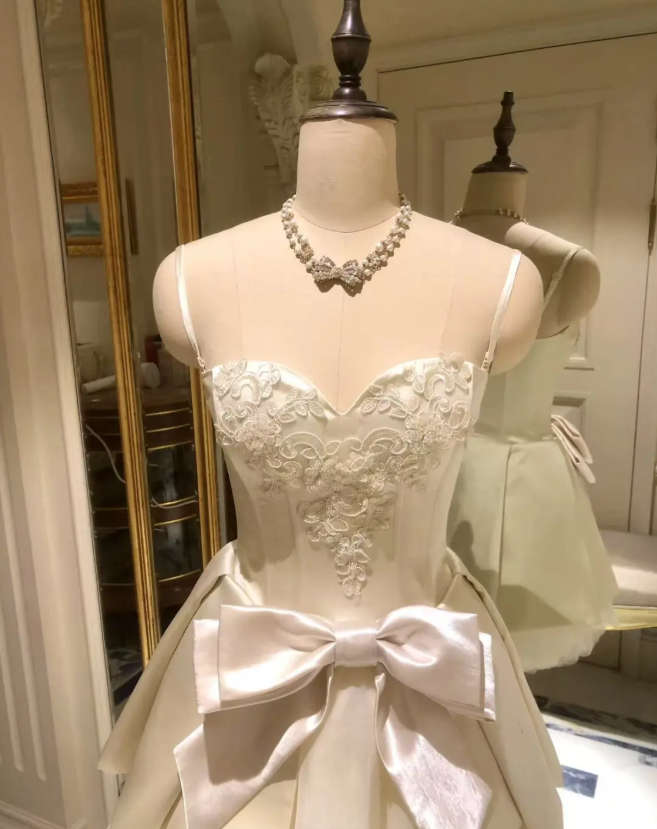 White suspender lace waist slim satin A-line skirt homecoming dress R4153