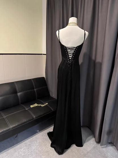 Chic Black Satin Lace-up Sheath Evening Gown Spaghetti Strap Party Dress Long Formal Dress TP4921