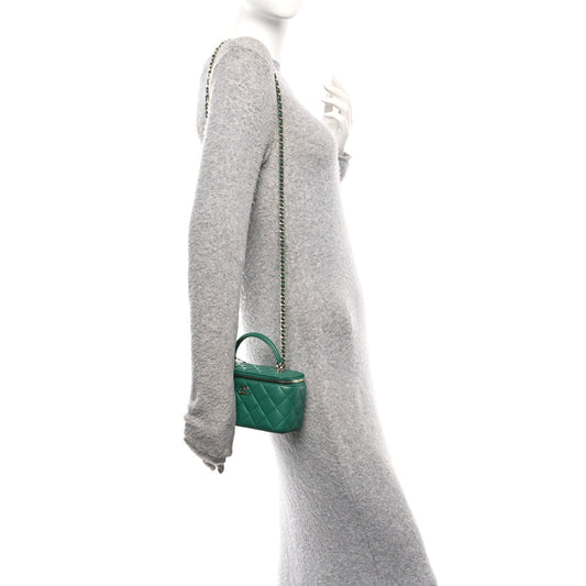 Lambskin Quilted Small Top Handle Vanity Case With Chain Green