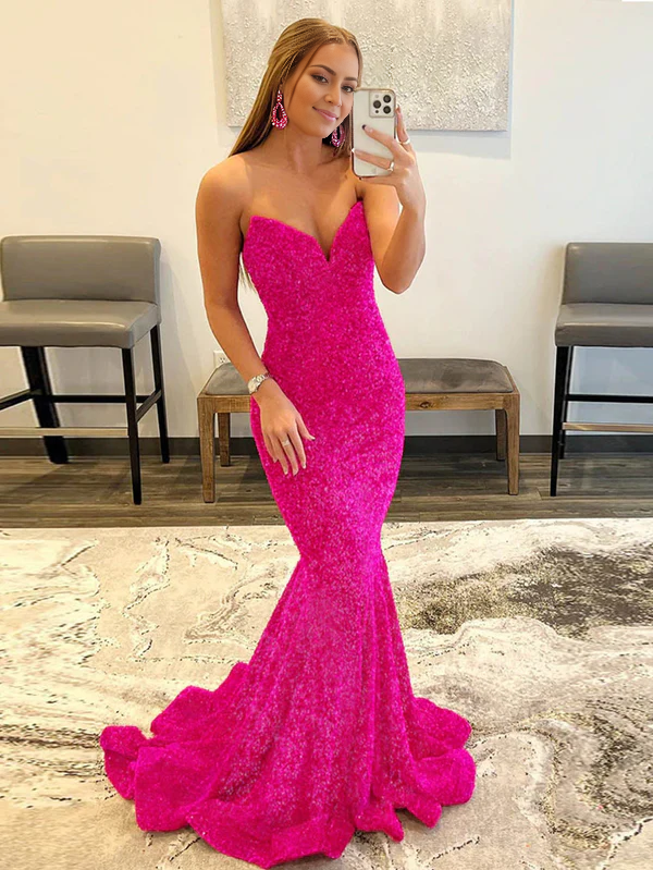 omberprom Mermaid Prom Dresses Sweetheart Strapless Sequins Evening Dress Fashionable and Beautiful