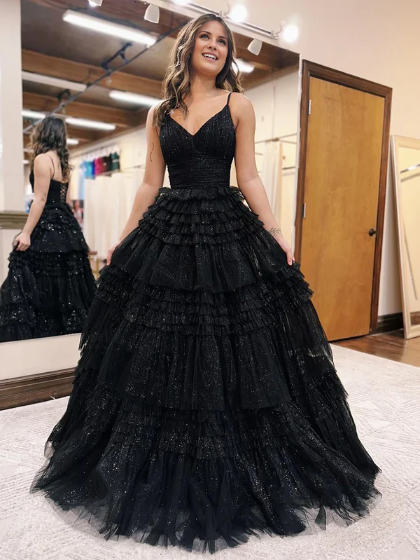 omberprom A-Line V Neck Tiered Long Tulle Prom Dress Charming Evening Party Dress